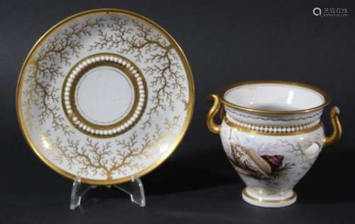 FLIGHT BARR AND BARR, WORCESTER, TWO HANDLED CUP AND SAUCER, painted with shells and seaweed on a