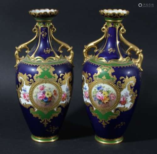PAIR OF ROYAL CROWN DERBY VASES, date cypher for 1902, signed C Harris, painted with floral roundels