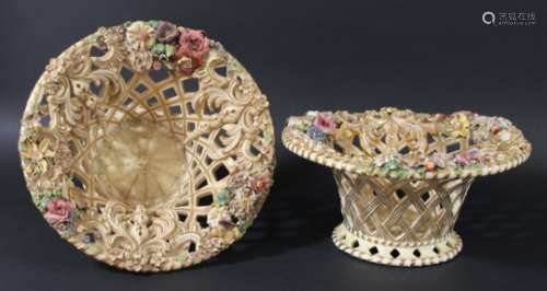 PAIR OF DERBY PORCELAIN BASKETS, early 19th century, encrusted with flowers between scrolling and