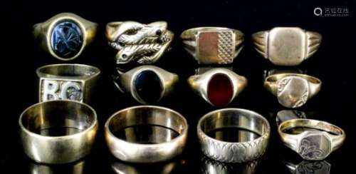 Three 9ct gold wedding bands, and nine other 9ct gold rings, various (gross weight 48 grammes)