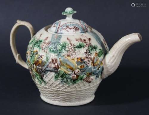 WHIELDON STYLE CREAMWARE TEAPOT AND COVER, late 18th century, of ovoid form, decorated in relief