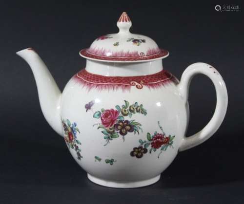 LIVERPOOL PORCELAIN TEAPOT AND COVER, late 18th century, probably Pennington, with polychrome floral