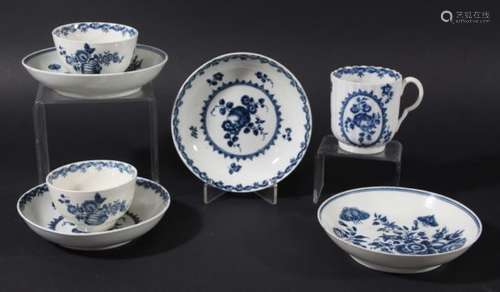 TWO WORCESTER TEA BOWLS AND SAUCERS, circa 1770, blue printed in the Fruit and Wreath pattern,