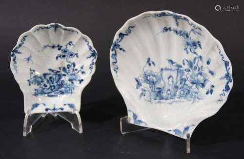 WORCESTER SHELL DISH, circa 1755-60, blue painted in the Two Peony Rock Bird pattern, workmans mark,