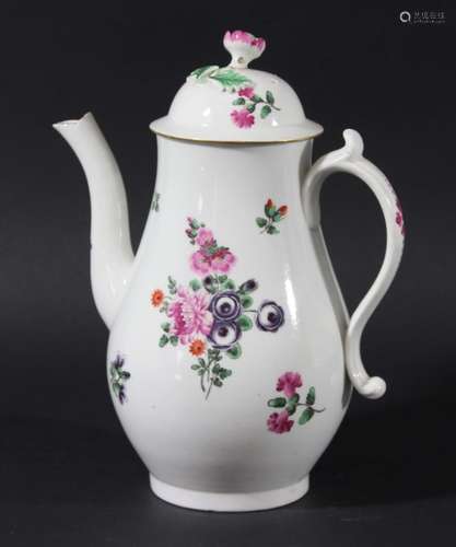 WORCESTER COFFEE POT AND COVER, late 18th century, of baluster form, polychrome painted with