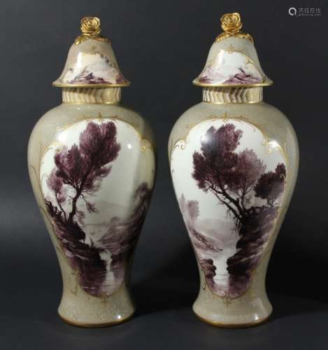 PAIR OF ROYAL WORCESTER VASES AND COVERS, circa 1910, signed Sedgley, painted in puce with river