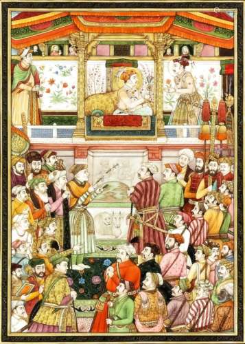 An Indian watercolour miniature of a Maharaja seated on a dais holding an audience, 10.875ins x 7.