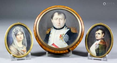A 19th Century burrwood circular box, the lid inset with miniature shoulder length portrait of the