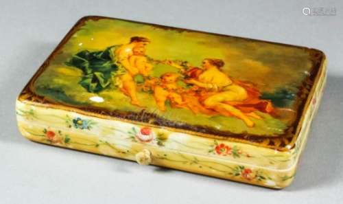 A 19th Century French painted ivory rectangular etui the cover painted with two women and two