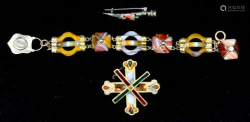 A Scottish gold coloured metal mounted and hardstone bracelet, a similar cross of St. Andrew pattern