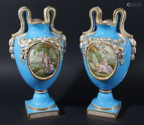 PAIR OF COALPORT VASES, painted in the Sevres style with cherub and floral panels in moulded