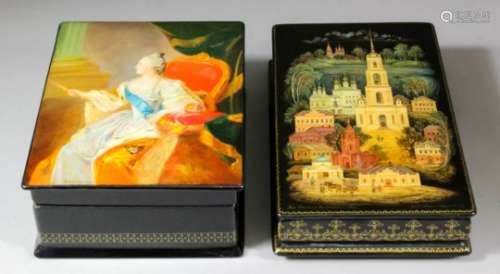 A modern Russian black lacquer rectangular box finely decorated by Sergey Teplov with a view of
