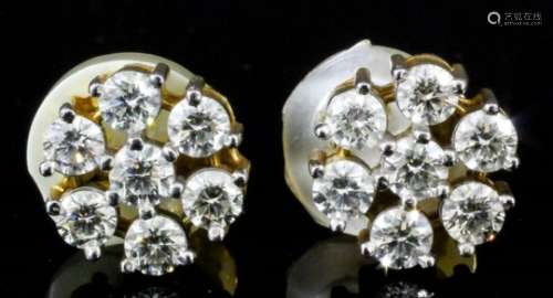 A pair of modern gold coloured metal mounted and diamond cluster earrings (for pierced ears), of