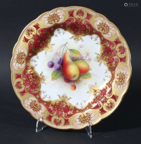 ROYAL WORCESTER PLATE, date code for 1929, by Albert Shuck, painted with fruit inside a crimson