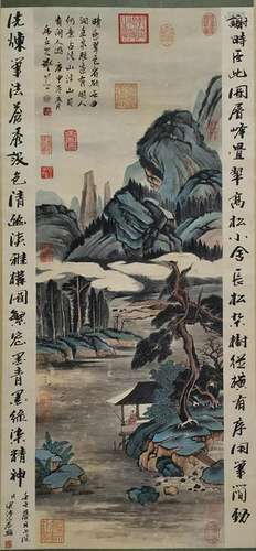 CHINESE INK AND COLOR LANDSCAPE SCROLL PAINTING