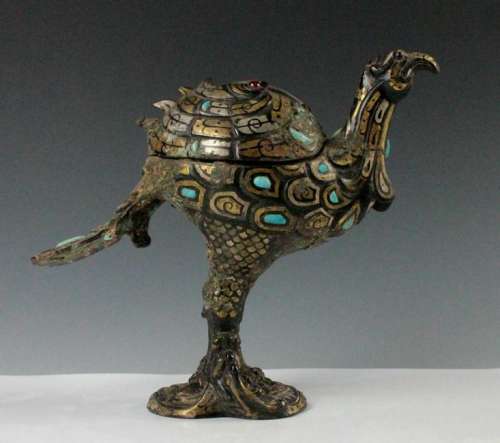 CHINESE BRONZE PHOENIX CENSER INLAID SEMI STONES