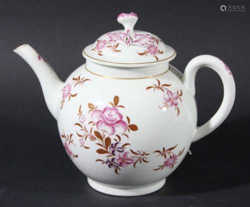 WORCESTER TEAPOT AND COVER, circa 1770, painted with scattered floral sprays in puce and brown