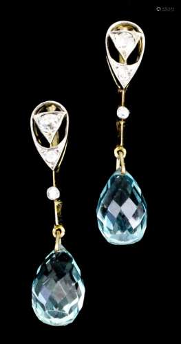 A pair of modern 18ct gold mounted aquamarine and diamond drop earrings (for pierced ears), set with