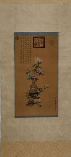 CHINESE INK AND COLOR FLORAL SCROLL PAINTING