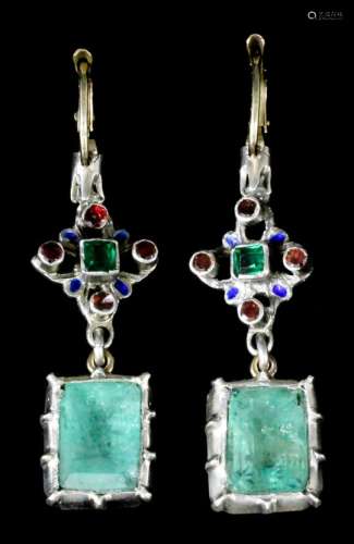 A pair of 20th Century white coloured metal emerald and gem stone drop earrings (for pierced