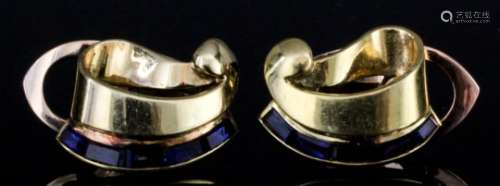 A pair of modern gold coloured metal mounted and sapphire earrings (with clip fittings), each set