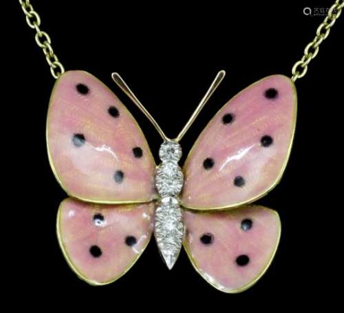 A modern Boucheron 18ct gold, enamel and diamond set butterfly pattern pendant, the body and