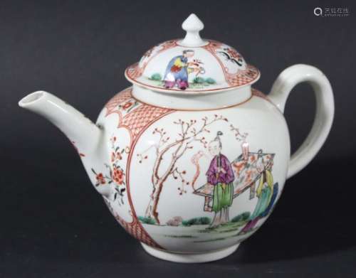CHRISTIANS LIVERPOOL TEAPOT AND COVER, later 18th century, painted with mandrine style figures,