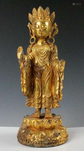 CHINESE GILT BRONZE STANDING GUANYIN