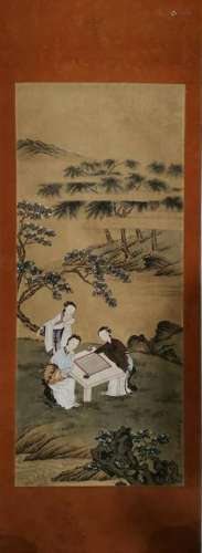 CHINESE INK AND COLOR FIGURAL SCROLL PAINTING