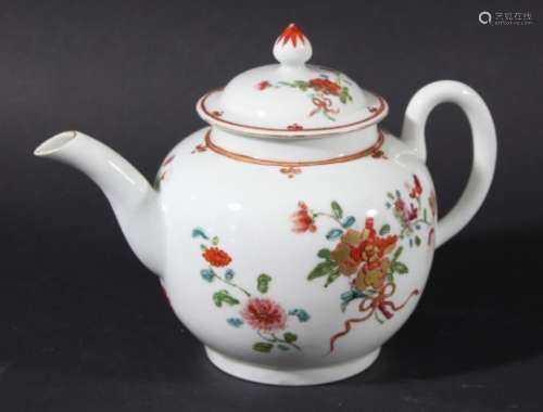 WORCESTER TEAPOT AND COVER, circa 1760, with Companagnie des Indes style enamelled and gilt