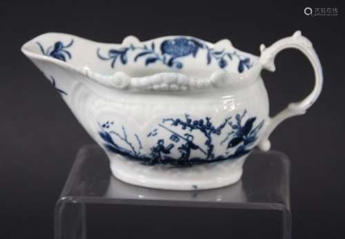 WORCESTER CREAM BOAT, mid 18th century, blue painted in the Two Porter Landscape pattern on a