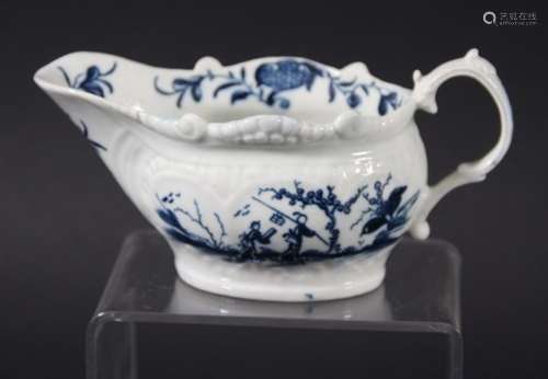 WORCESTER CREAM BOAT, mid 18th century, blue painted in the Two Porter Landscape pattern on a