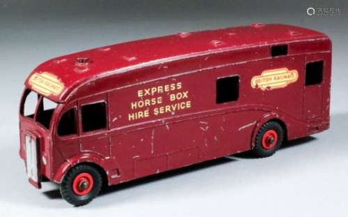 A Dinky Supertoys horse box with maroon body and red hubs, British Railways and Express Horsebox