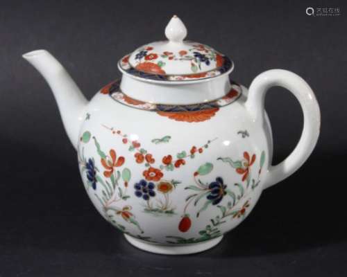WORCESTER TEAPOT AND COVER, circa 1760-70, painted in the imari palette with a version of the