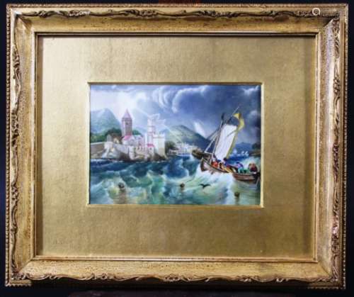 ENGLISH PORCELAIN PLAQUE, mid 19th century, painted with fishermen in rough seas approaching a port,