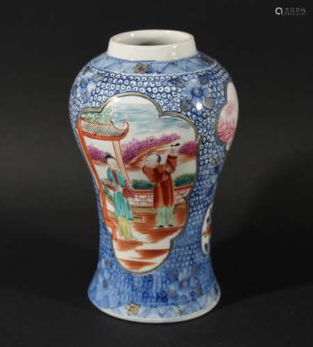 CHRISTIANS LIVERPOOL VASE, mid 18th century, painted with oriental figures in shaped cartouches on a