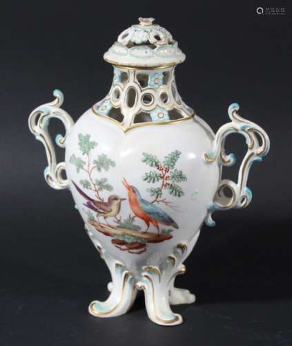 CHELSEA VASE AND COVER, circa 1760, of tear form, painted with two birds in a landscape to each side