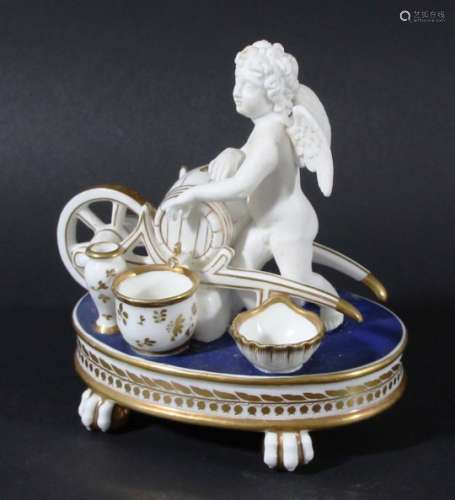 ENGLISH PORCELAIN INKWELL, early 19th century, possibly Chamberlains, Worcester, modelled as cupid