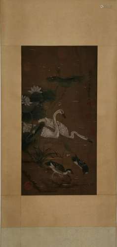 CHINESE INK AND COLOR DUCKS SCROLL PAINTING