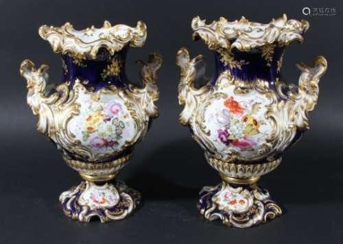 PAIR OF COALPORT ROCOCO VASES, mid 19th century, painted with flowers on a cobalt and tooled gilt