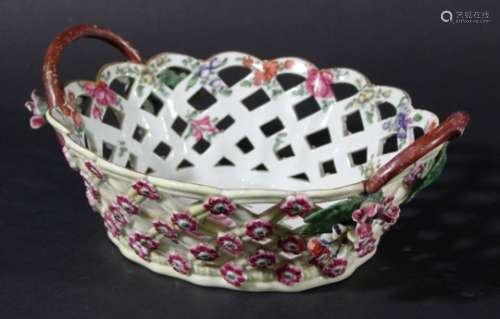 WORCESTER TWO HANDLED BASKET, circa 1760-70, painted with flowers to the centre and sides, the