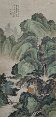 CHINESE INK AND COLOR LANDSCAPE SCROLL PAINTING