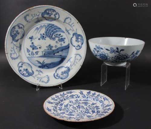 DUTCH DELFT CHARGER, late 18th century, blue painted with a chinoiserie landscape, diameter 33cm;