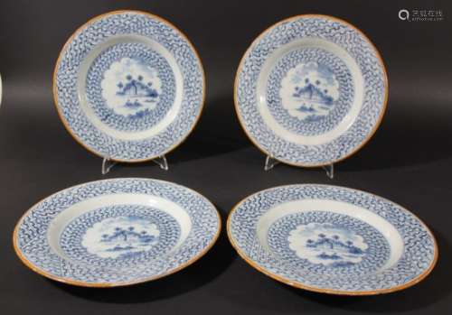 SET OF FOUR DUTCH DELFT PLATES, later 18th century, painted with two ducks before a building