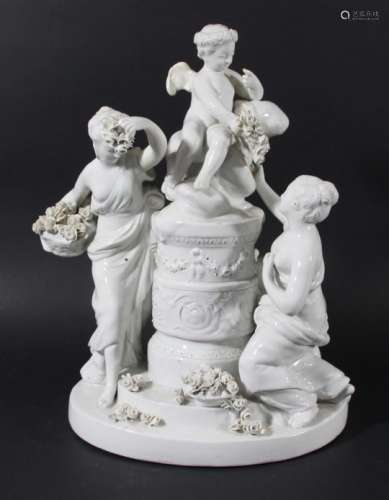NAPLES PORCELAIN CENTREPIECE, of two cherubs and two maidens around a column, in white, signed '