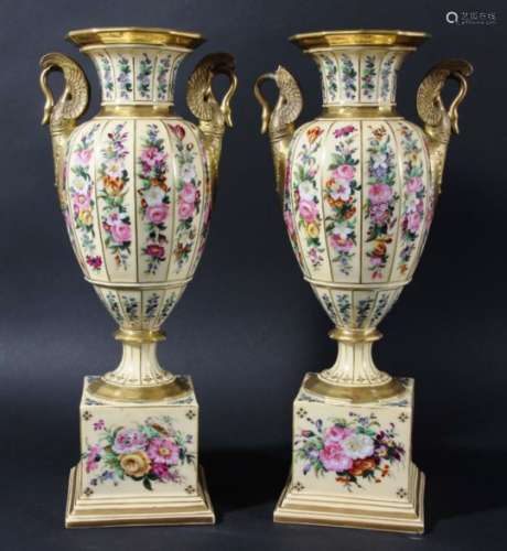 PAIR OF FRENCH EMPIRE STYLE VASES, late 19th century, of baluster form, painted with floral sprays