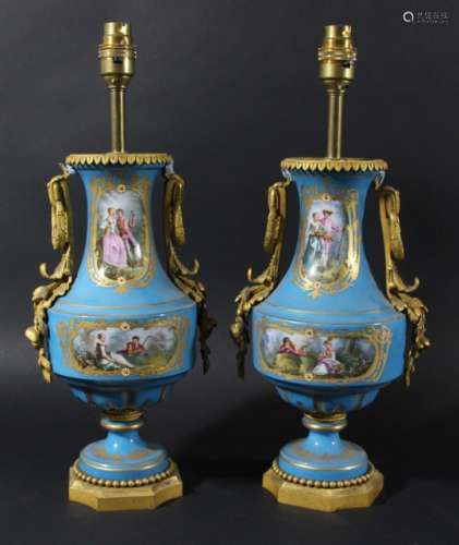PAIR OF SEVRES STYLE PORCELAIN AND ORMOLU MOUNTED TABLE LAMPS, 19th century but wired for