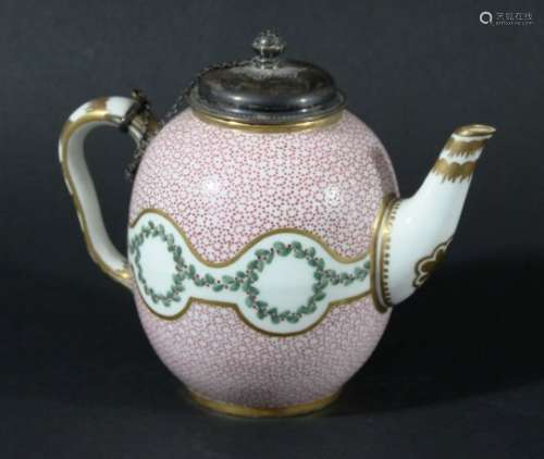 SEVRES TEAPOT, circa 1770, of ovoid form painted with a band of berry foliage on a pink oeil de