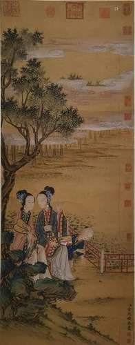 CHINESE INK AND COLOR FIGURAL SCROLL PAINTING