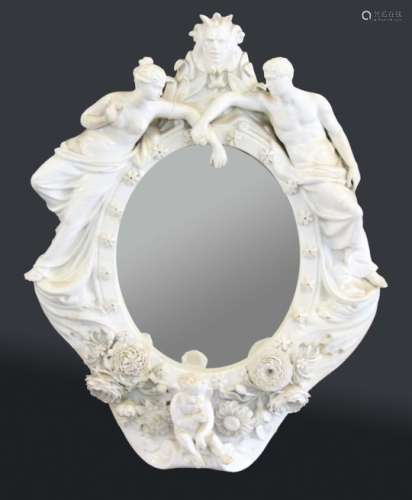MEISSEN STYLE PORCELAIN MIRROR, 19th century, the oval plate inside a frame centred on a bust of
